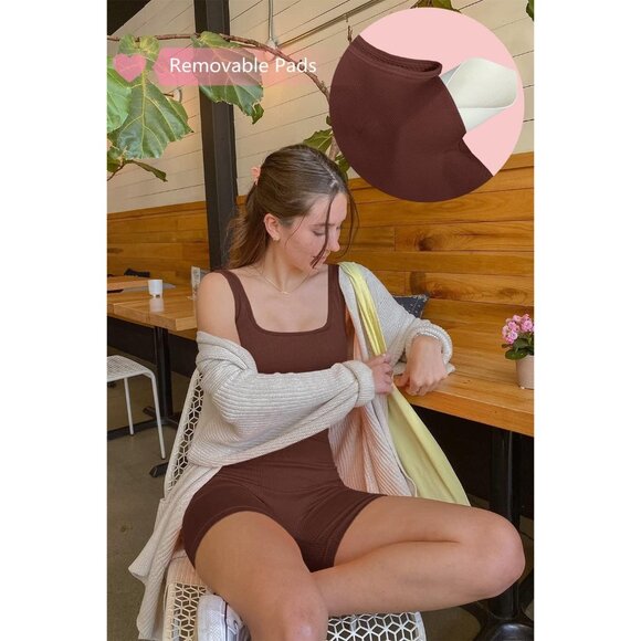 🆕 Women Brown Workout Unitard Bodysuit Seamless Yoga Ribbed Active Romper Sexy - Picture 5 of 7